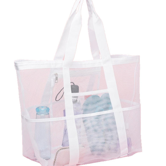 2-PCS White Mesh Beach Tote Bag – Large Capacity Swim Gear Organizer with Multiple Pockets for Shoes, Swimsuits, and Essentials