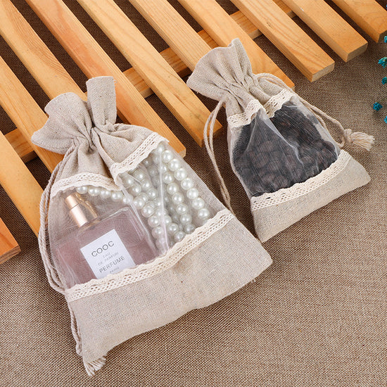 White 10 Pack Linen Canvas Drawstring Gift Bags with Lace Trim and Mesh Window 13x18cm Versatile Pouches for Wedding Favours and Home Storage in Australia