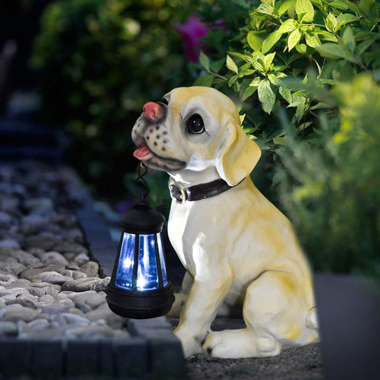 Solar Dog Garden Statue with Lantern Waterproof Resin Puppy Ornament for Outdoor Patio Pathway Backyard Decoration Australian Pet Lovers(E)