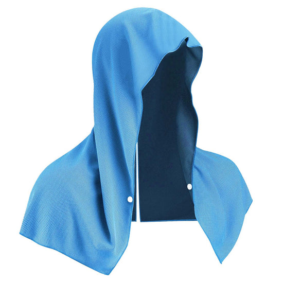 Light blue Instant Cooling Hooded Towel U-Shaped Sun Protection Quick Dry Scarf with Carabiner Pouch for Local Outdoor Sports and Gym Workouts