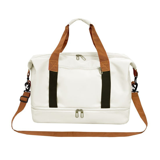 Beige Large Capacity Travel Duffel Bag for Women with Yoga Mat Holder and Shoe Compartment Water Resistant Weekend Bag Ideal for Local Gym and Travel Use