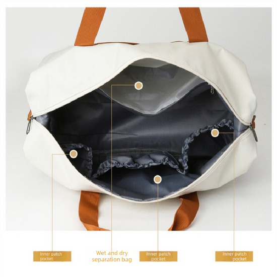Beige Large Capacity Travel Duffel Bag for Women with Yoga Mat Holder and Shoe Compartment Water Resistant Weekend Bag Ideal for Local Gym and Travel Use