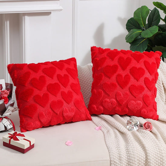 2-PCS Red Romantic Heart-Shaped Tufted Pillow Covers Soft Plush 45x45cm Decorative Cushion Cases for Valentine&