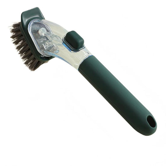 Dark green Long-Handled Liquid Dispensing Pot Scrubber – Multi-Use Kitchen Cleaning Brush with Built-In Detergent Reservoir