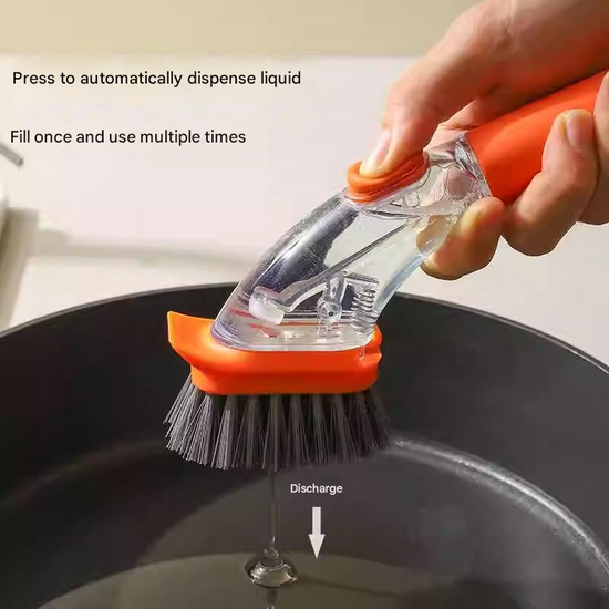 Dark green Long-Handled Liquid Dispensing Pot Scrubber – Multi-Use Kitchen Cleaning Brush with Built-In Detergent Reservoir