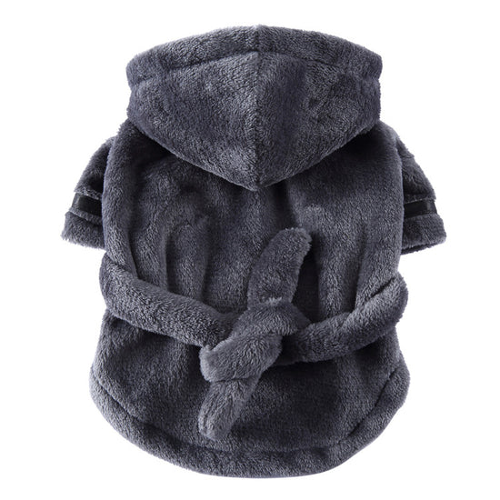 Grey Cozy Pet Bathrobe Sleepwear – Plush Fleece Dog Robe with Hood and Adjustable Waistband for Small to Medium Breeds(Size:XL)