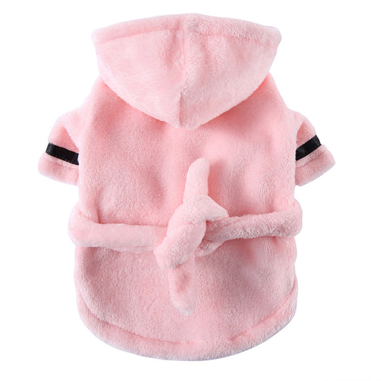 Pink Cozy Pet Bathrobe Sleepwear – Plush Fleece Dog Robe with Hood and Adjustable Waistband for Small to Medium Breeds(Size:XL)