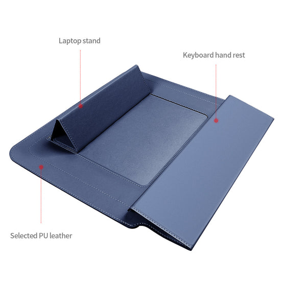 Grey 3-in-1 Laptop Sleeve with Built-In Stand & Wrist Rest – Waterproof PU Protective Case for 15/16 Inch Laptops, Portable and Ergonomic Design