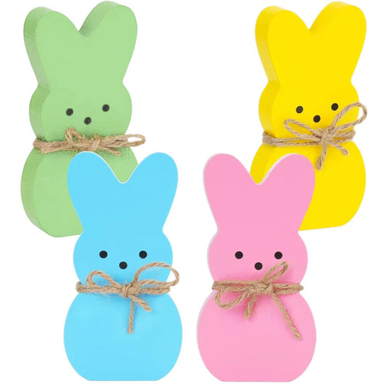 2-PCS Cute Wooden Easter Bunny Decorations Set of 4 in Pastel Colors for Home Tabletop Display Spring Holiday Decor