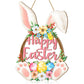Happy Easter Wooden Wall Hanging Sign with Floral Design and Bunny Ears for Spring Home Decor Door Decoration