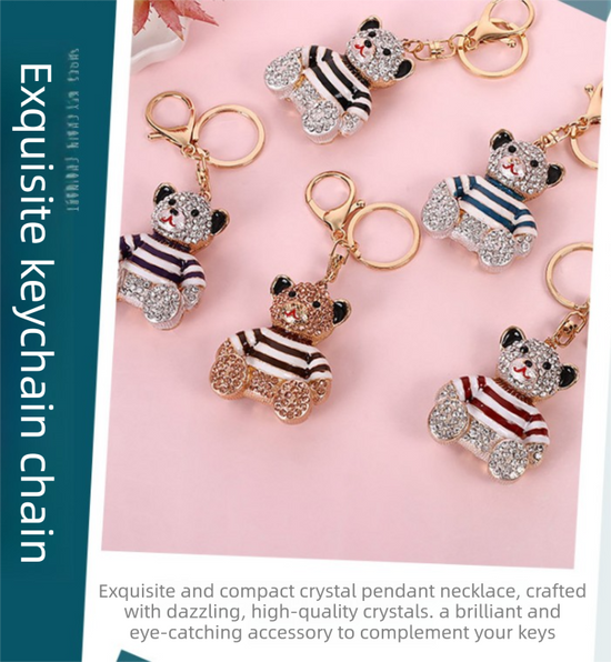 Red Stripe Crystal Bear Keychain Sparkly Rhinestone Bag Charm Cute Alloy Keyring Gift