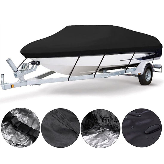 14-16ft Waterproof Boat Cover Trailerable V-Hull Runabout UV Resistant Marine Grade Storage Tarp with Straps (Black, 530cm x 290cm)