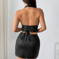 Womens Sexy PU Leather Halter Crop Top Deep V Neck Backless Faux Leather Vest Button Front Pointed Hem Clubwear Black S