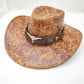 Retro Western Cowboy Hat Khaki Distressed Crackle Finish Bull Head Emblem Wide Brim Sun Protection Outback Bush Hat for Men Women L 58-60cm