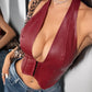 Womens Sexy PU Leather Halter Crop Top Deep V Neck Backless Faux Leather Vest Button Front Pointed Hem Clubwear Burgundy S
