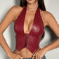 Womens Sexy PU Leather Halter Crop Top Deep V Neck Backless Faux Leather Vest Button Front Pointed Hem Clubwear Burgundy L