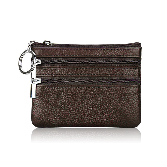 Genuine Leather Coin Purse Mini Wallet with Triple Zipper Pockets Key Ring Holder Pouch for Cash & Cards - Coffee