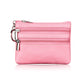 Genuine Leather Coin Purse Mini Wallet with Triple Zipper Pockets Key Ring Holder Pouch for Cash & Cards - Pink