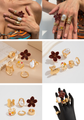 6-Piece Gold Chunky Stackable Ring Set Orange Enamel Flower & Baroque Pearl - Adjustable Open Finger Jewellery for Women (Light Gold)
