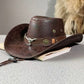 Rustic Western Cowboy Hat - Distressed Faux Leather Look Wide Brim Outback Sun Hat with Bull Head Emblem for Men & Women (Coffee Brown)