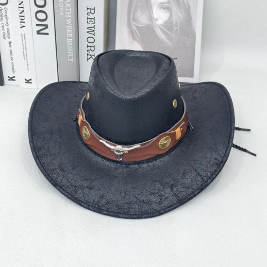 Rustic Western Cowboy Hat - Distressed Faux Leather Look Wide Brim Outback Sun Hat with Bull Head Emblem for Men & Women (Black)