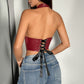Womens Sexy PU Leather Halter Crop Top Deep V Neck Backless Faux Leather Vest Button Front Pointed Hem Clubwear Brown S
