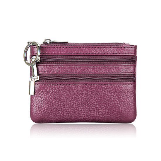 Genuine Leather Coin Purse Mini Wallet with Triple Zipper Pockets Key Ring Holder Pouch for Cash & Cards - Purple