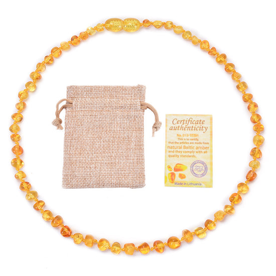 Genuine Baltic Amber Necklace for Baby & Toddler - 33cm Hand Knotted Natural Beads - Certified Golden Honey Jewellery Gift with Pouch