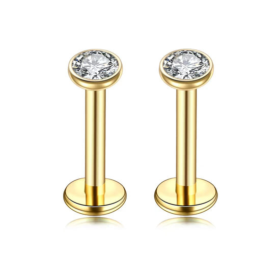 2 PCS Internally Threaded Labret Studs - 16G 8mm Stainless Steel Flat Back with 3mm CZ Crystal - Gold Tone Body Piercing for Lip Tragus Helix