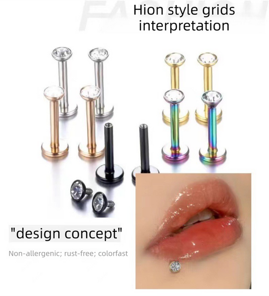 2 PCS Internally Threaded Labret Studs - 16G 8mm Stainless Steel Flat Back with 3mm CZ Crystal - Gold Tone Body Piercing for Lip Tragus Helix