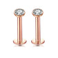 2 PCS Internally Threaded Labret Studs - 16G 8mm Stainless Steel Flat Back with 3mm CZ Crystal - Rose Gold Tone Body Piercing for Lip Tragus Helix