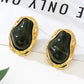 A Pair of Vintage Baroque Statement Earrings - Chunky Gold Tone Irregular Studs with Dark Green Faux Stone - Stainless Steel Pin Fashion Jewellery for Women