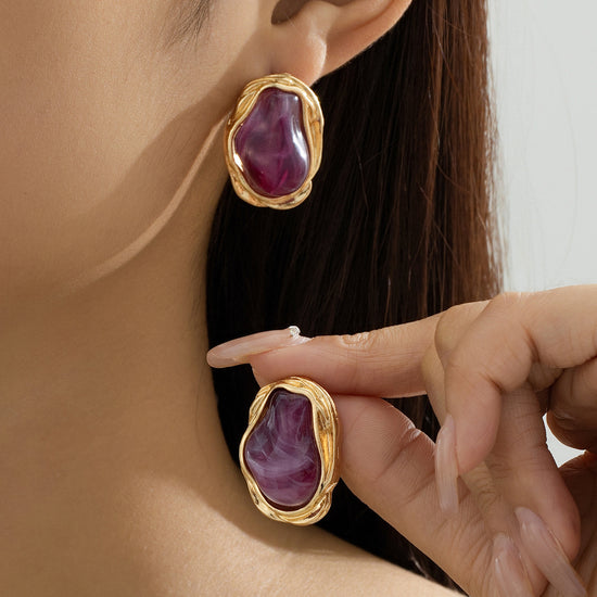 A Pair of Vintage Baroque Statement Earrings - Chunky Gold Tone Irregular Studs with Dark Green Faux Stone - Stainless Steel Pin Fashion Jewellery for Women