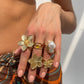 5-Piece Molten Gold Tone Ring Set - Vintage Baroque Flowers, Large Faux Pearl & Colourful Gem Cuff - Adjustable Boho Stackable Jewellery