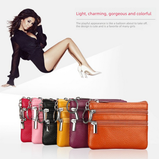Genuine Leather Coin Purse Mini Wallet with Triple Zipper Pockets Key Ring Holder Pouch for Cash & Cards - Bright Green