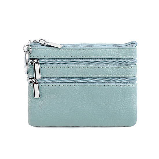 Genuine Leather Coin Purse Mini Wallet with Triple Zipper Pockets Key Ring Holder Pouch for Cash & Cards - Sky Blue