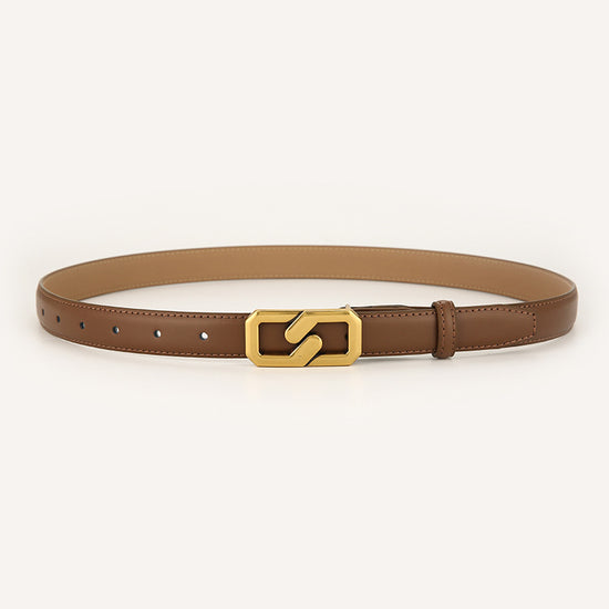 Womens Genuine Leather Belt Caramel 2.3cm Wide Gold Buckle Waist Strap for Jeans & Dresses Elegant Fashion Accessory