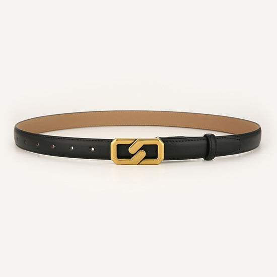 Womens Genuine Leather Belt Black 2.3cm Wide Gold Buckle Waist Strap for Jeans & Dresses Elegant Fashion Accessory