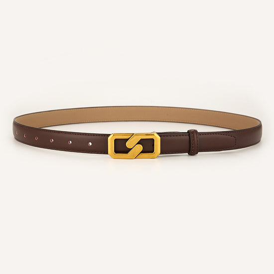Womens Genuine Leather Belt Coffee 2.3cm Wide Gold Buckle Waist Strap for Jeans & Dresses Elegant Fashion Accessory