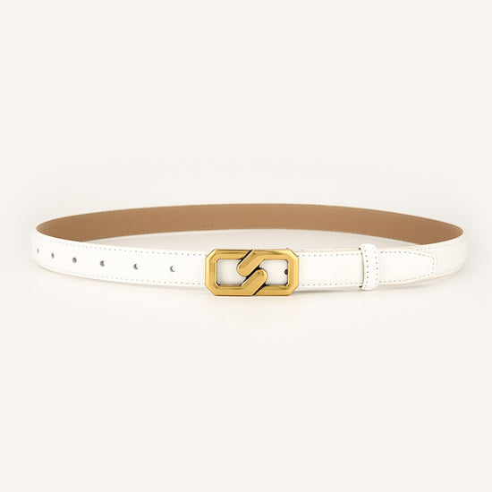 Womens Genuine Leather Belt White 2.3cm Wide Gold Buckle Waist Strap for Jeans & Dresses Elegant Fashion Accessory