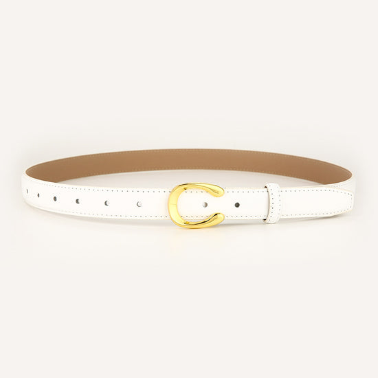 Womens Genuine Leather Belt White C-Shape Gold Buckle Waist Strap for Jeans & Dresses Classic Fashion Accessory