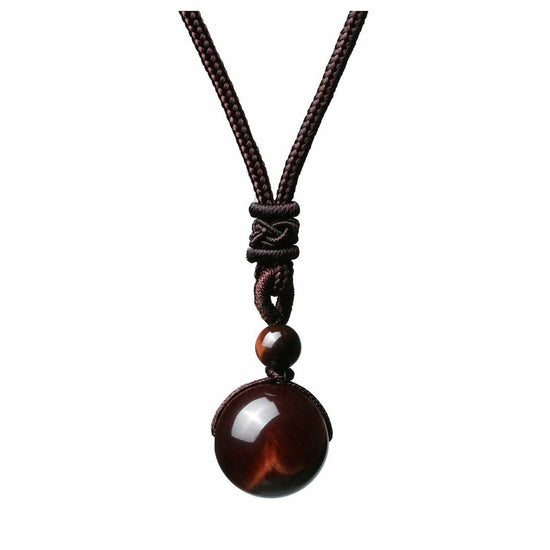 Natural Red Tiger Eye Necklace 10mm Round Stone Pendant Hand Braided Rope Lucky Protection Amulet Jewellery Gift for Men & Women