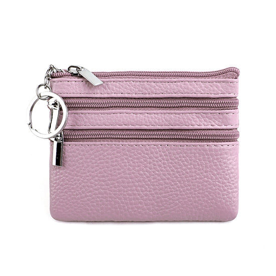 Genuine Leather Coin Purse Mini Wallet with Triple Zipper Pockets Key Ring Holder Pouch for Cash & Cards - Lavender purple
