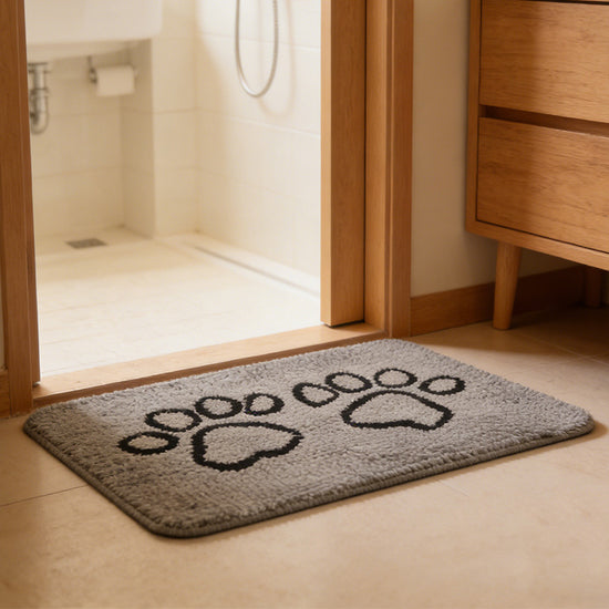 Grey Chenille Pet Mat Non-Slip Absorbent Dog & Cat Rug 50x80cm Cute Paw Print Design for Feeding Sleeping or Entryway