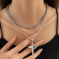 Double Layer Gold Tone Cross Pendant Necklace Set Cuban Link & Rope Chain 40-45cm Layered Fashion Jewellery