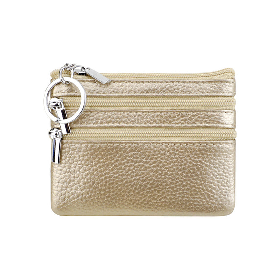 Genuine Leather Coin Purse Mini Wallet with Triple Zipper Pockets Key Ring Holder Pouch for Cash & Cards - Champagne color
