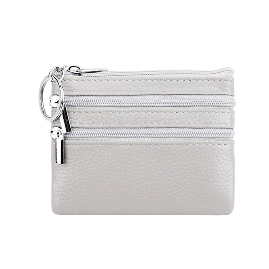 Genuine Leather Coin Purse Mini Wallet with Triple Zipper Pockets Key Ring Holder Pouch for Cash & Cards - Medium Gray