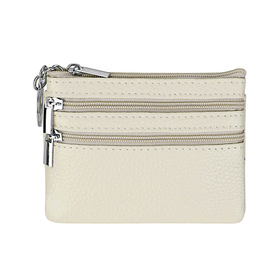Genuine Leather Coin Purse Mini Wallet with Triple Zipper Pockets Key Ring Holder Pouch for Cash & Cards - Milky white