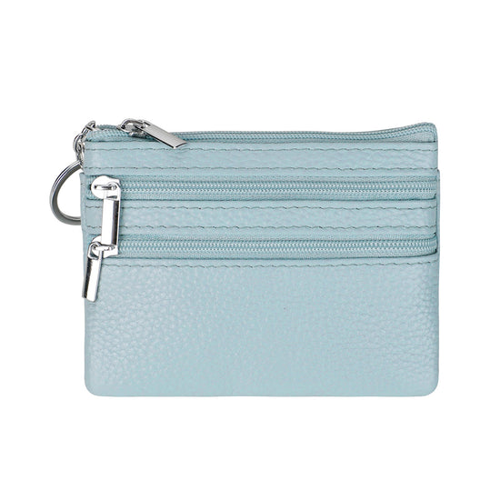 Genuine Leather Coin Purse Mini Wallet with Triple Zipper Pockets Key Ring Holder Pouch for Cash & Cards - Autumn Wave Blue