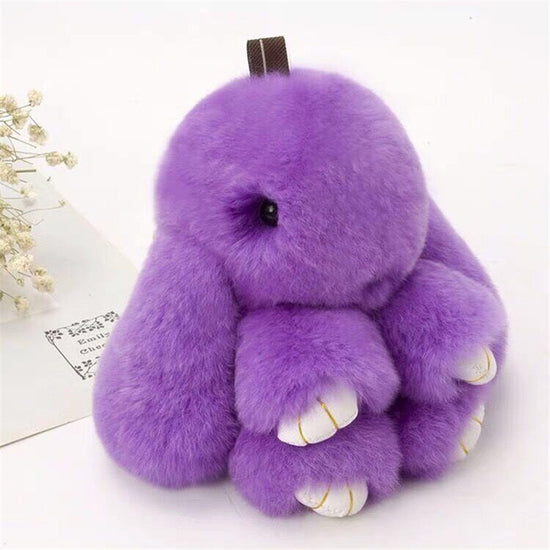 Fluffy Mini Rex Rabbit Fur Keychain Cute Bunny Bag Charm - Soft Plush Animal Doll Key Ring for Car Keys & Handbags - Purple